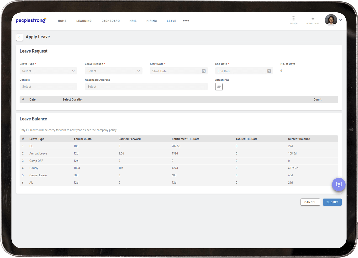 leave and attendance screen