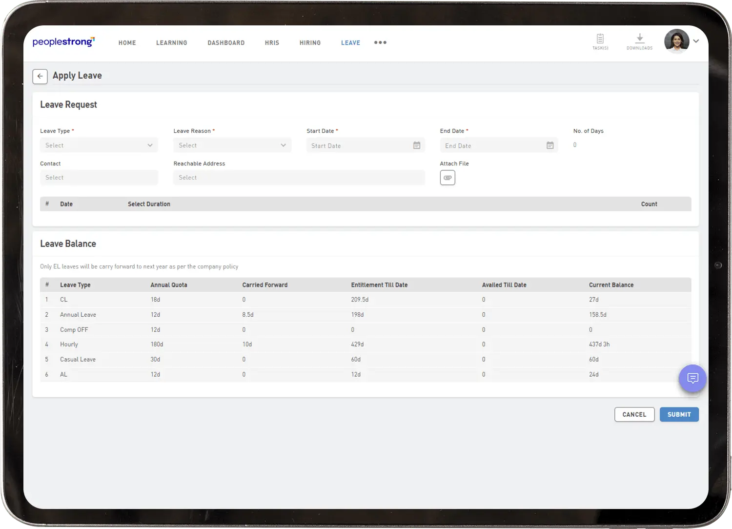 Leave and attendance screen