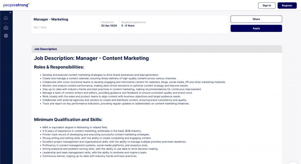 Job Description of marketing manager on PeopleStrong careers page