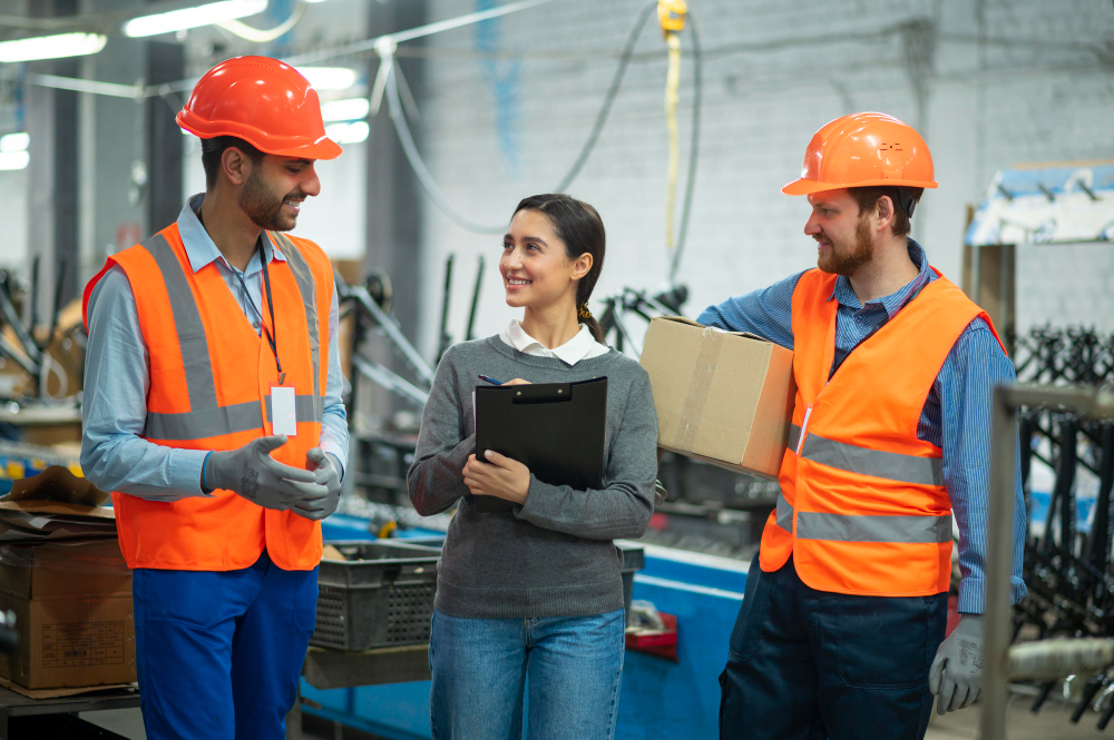 Employees interacting while working in a manufacturing plant